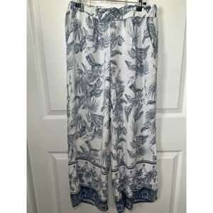 Tribal‎ Wide Leg Pants Tropical Print Linen Rayon Blend Elastic Waist Size M